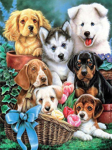 Diamond Painting Schattige puppy's met Ronde steentjes 80x100cm - Beste Kwaliteit